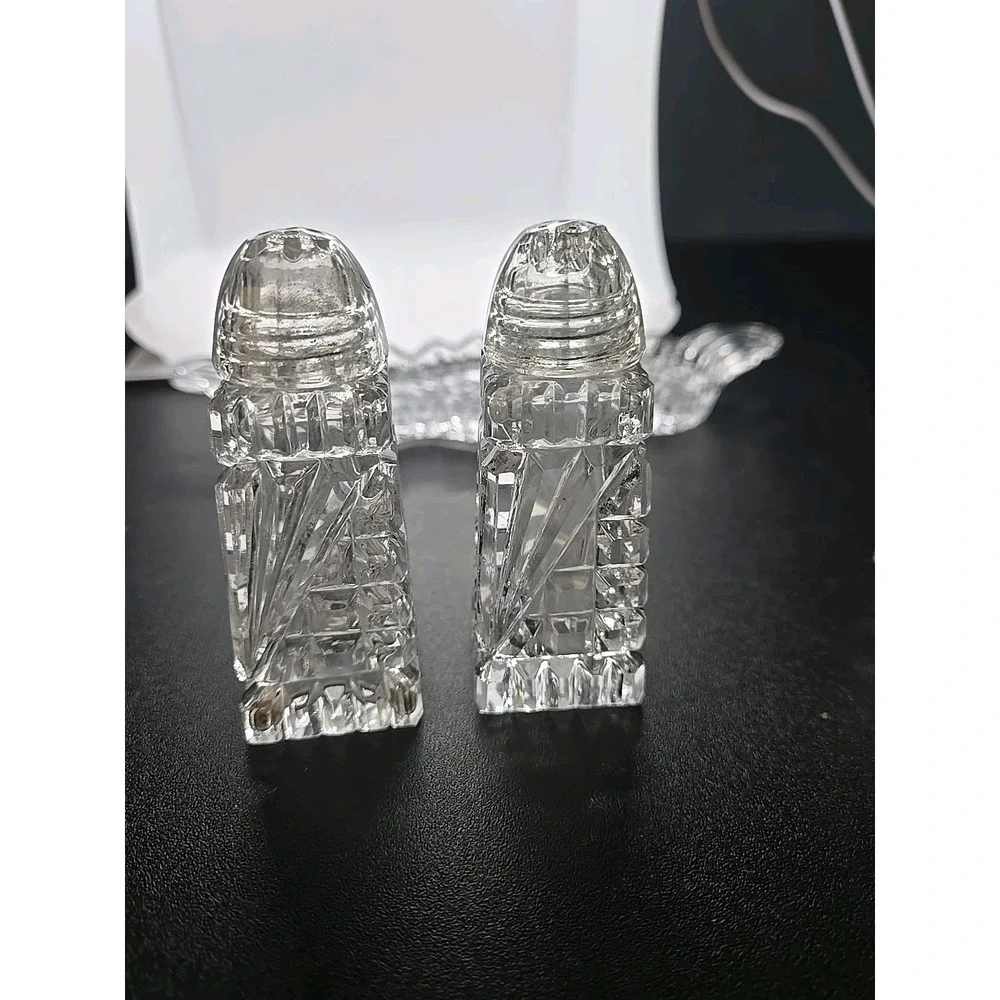 Vintage Crystal Glass Condiment Set Salt  Pepper Mustard Jam On Tray‎
